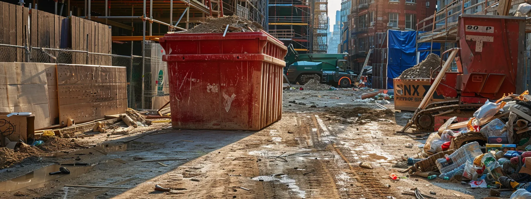 a bold red dumpster sits prominently in a bustling urban construction site, surrounded by scattered renovation debris and equipment, embodying the essential choice for efficient waste management during home projects. a bold red dumpster sits prominently in a bustling urban construction site, surrounded by scattered renovation debris and equipment, embodying the essential choice for efficient waste management during home projects.