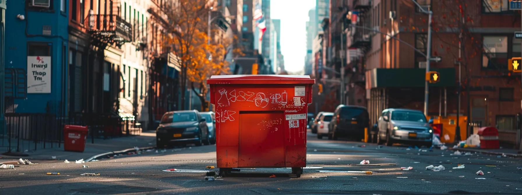 a striking urban setting features a bright red dumpster prominently positioned on a bustling queens street, showcasing a clear juxtaposition of varying dimensions and pricing labels for dumpsters, emphasizing the importance of size selection in waste management logistics. a striking urban setting features a bright red dumpster prominently positioned on a bustling queens street, showcasing a clear juxtaposition of varying dimensions and pricing labels for dumpsters, emphasizing the importance of size selection in waste management logistics.