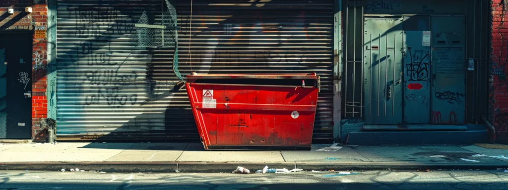 a vibrant red dumpster positioned prominently on a bustling queens street, surrounded by contrasting urban architecture, captures the focus on selecting the ideal dimensions for various projects.