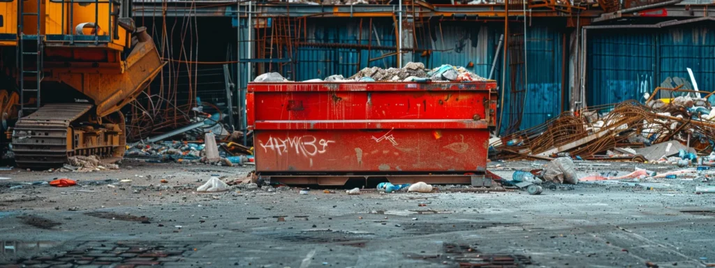 a vibrant red dumpster prominently sits on a hard urban surface, surrounded by construction debris and industrial equipment, symbolizing the bustling environment of waste management and the factors influencing rental costs.