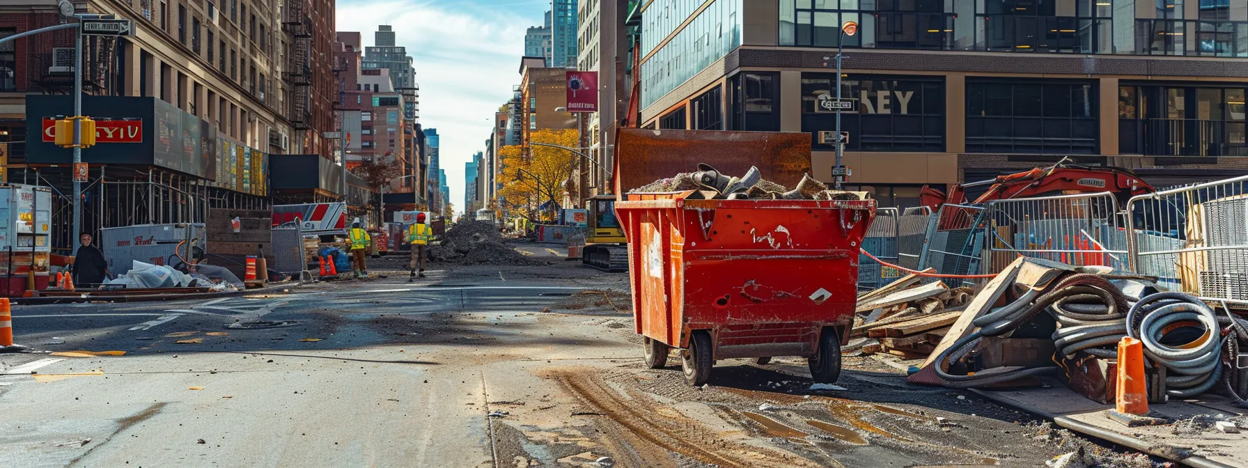 a vibrant red dumpster sits prominently on a bustling queens street, surrounded by urban construction projects and workers strategically preparing to load debris, embodying the practical essence of efficient waste management in a city setting. a vibrant red dumpster sits prominently on a bustling queens street, surrounded by urban construction projects and workers strategically preparing to load debris, embodying the practical essence of efficient waste management in a city setting.