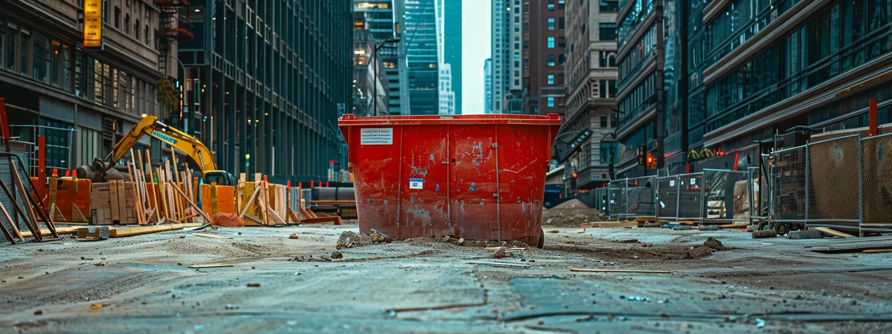 a vibrant red dumpster sits prominently in a bustling urban construction site, with clear signage showcasing pricing structures and rental agreements, emphasizing the importance of understanding costs and contract terms in the rental process. a vibrant red dumpster sits prominently in a bustling urban construction site, with clear signage showcasing pricing structures and rental agreements, emphasizing the importance of understanding costs and contract terms in the rental process.