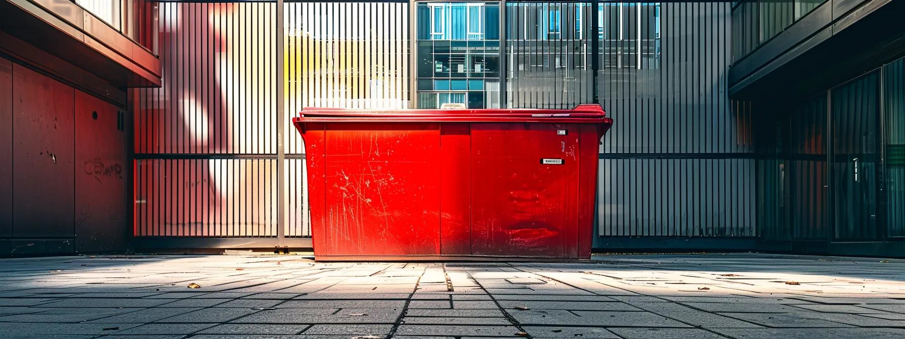 a vibrant red dumpster stands prominently in a well-organized urban alleyway, surrounded by sleek office buildings, symbolizing reliability and professionalism in local waste management services. a vibrant red dumpster stands prominently in a well-organized urban alleyway, surrounded by sleek office buildings, symbolizing reliability and professionalism in local waste management services.
