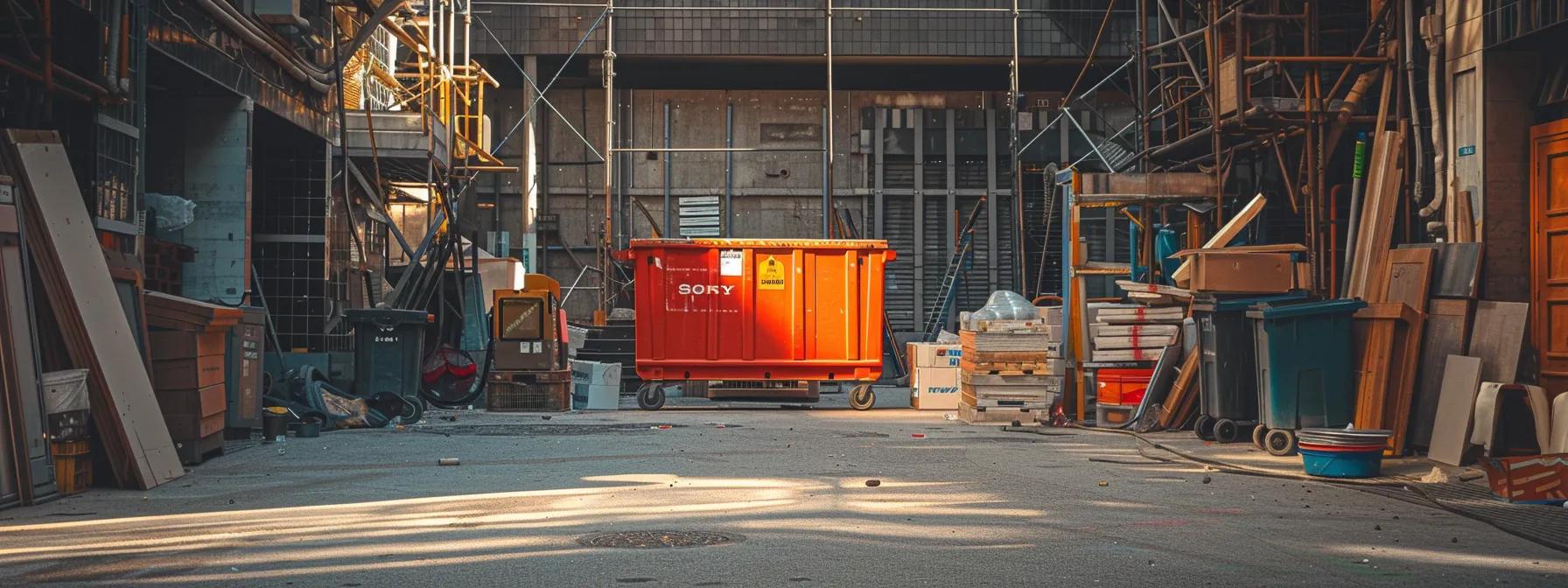 a vibrant red dumpster sits prominently in an urban construction site, surrounded by various building materials, showcasing an organized loading process while emphasizing efficient waste management practices. a vibrant red dumpster sits prominently in an urban construction site, surrounded by various building materials, showcasing an organized loading process while emphasizing efficient waste management practices.