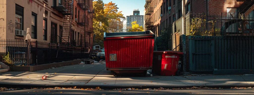 an eye-catching urban scene features a vibrant red dumpster positioned prominently on a bustling queens street, surrounded by a backdrop of diverse residential buildings, conveying the theme of reliable residential dumpster rental services.