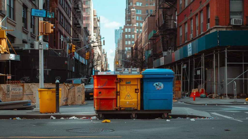 a brightly colored dumpster prominently positioned on a bustling urban street in queens, surrounded by construction materials and signage, reflecting the practicality and accessibility of affordable rental options.