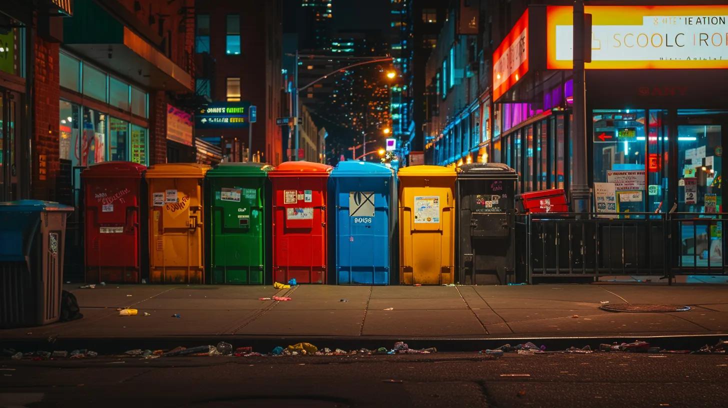 a sleek, urban setting showcases a prominently placed, brightly colored dumpster surrounded by clear signage detailing rental sizes and costs, reflecting the organized chaos of a bustling queens neighborhood.