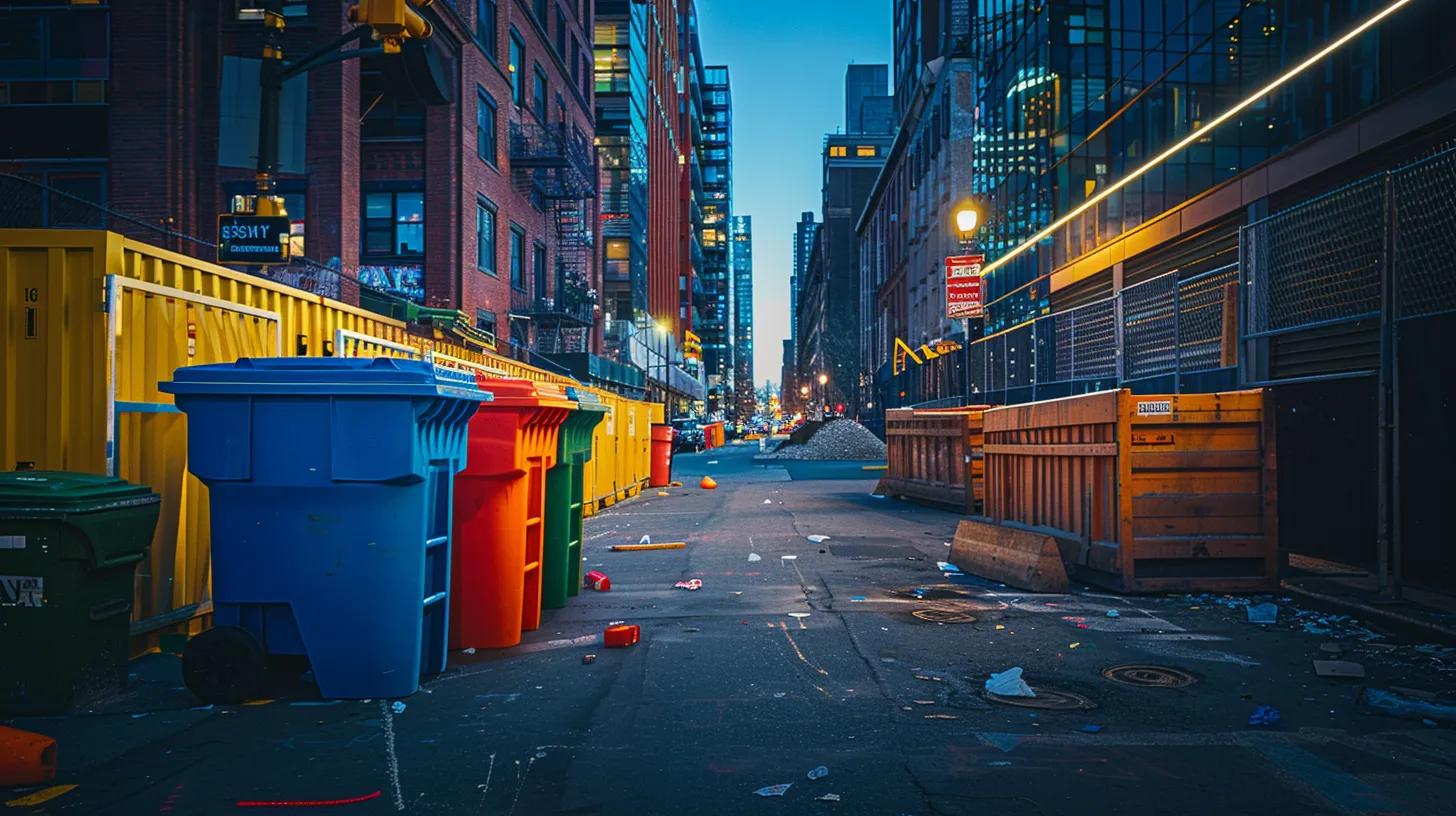 a brightly lit urban street in queens featuring a boldly colored dumpster prominently placed next to a modern construction site, conveying the streamlined and efficient rental process for waste management projects.