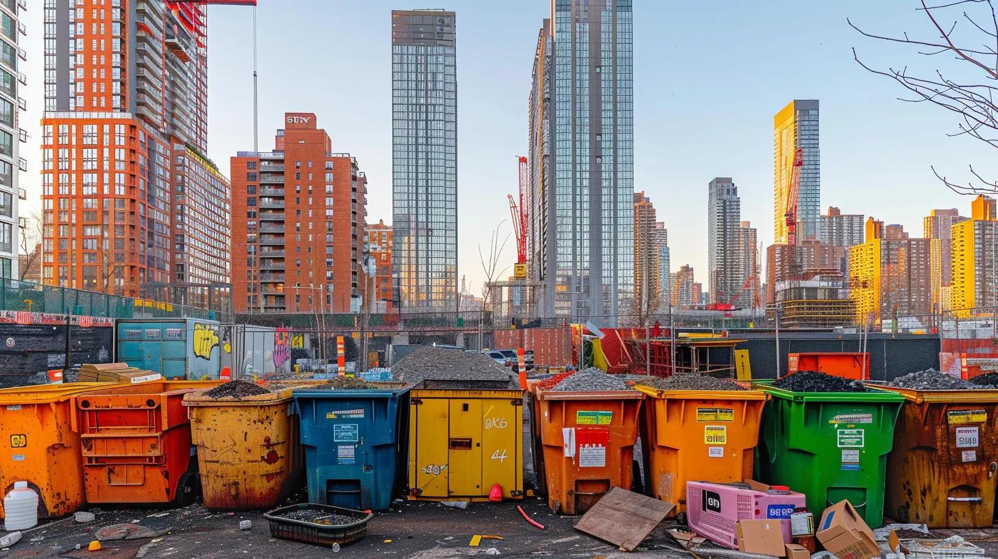 a vibrant urban scene showcases a range of colorful dumpsters parked outside a bustling construction site in queens, emphasizing the array of sizes available for rental amidst a backdrop of towering buildings and ongoing projects.