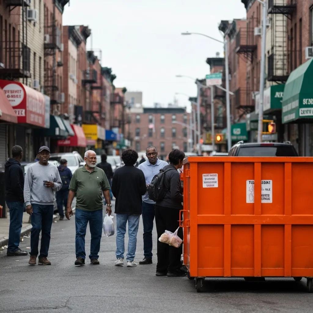 Variety of dumpster sizes in a residential area in Queens, highlighting options for waste disposal