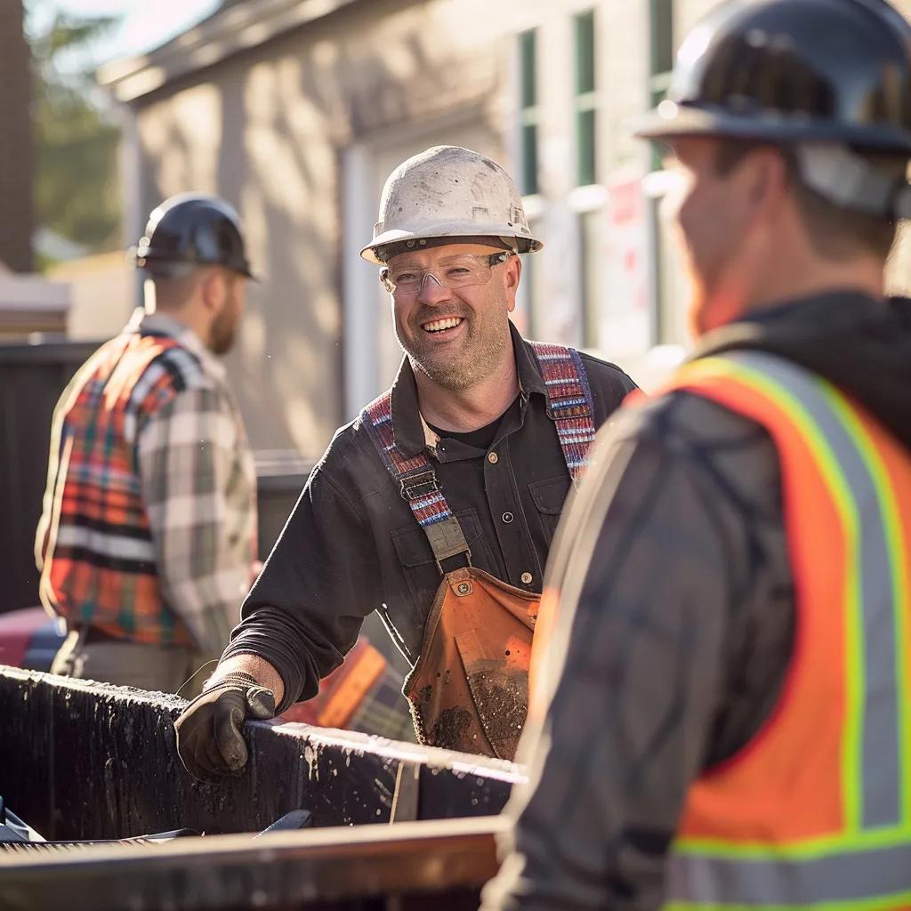 Homeowner and crew collaborating on full-service dumpster rental benefits