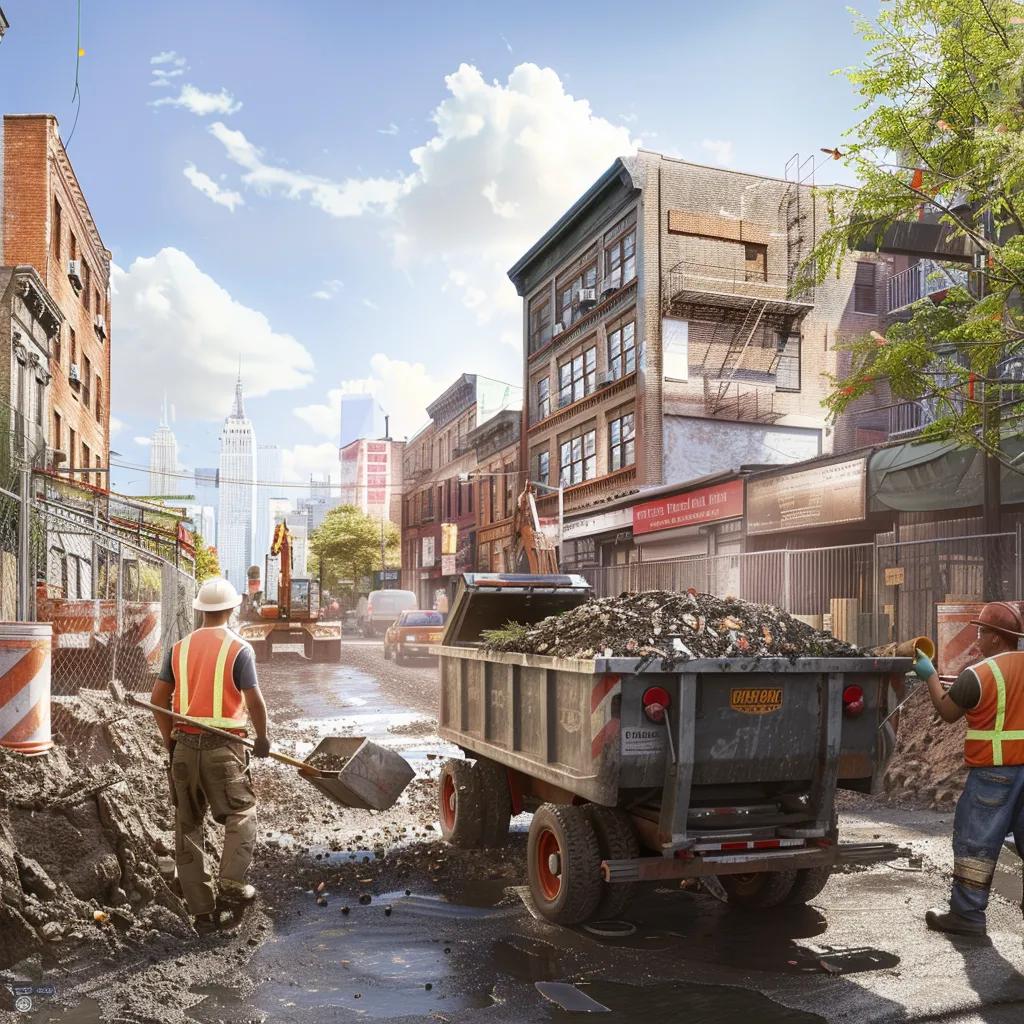 Full-service dumpster rental scene in Queens with a crew loading debris