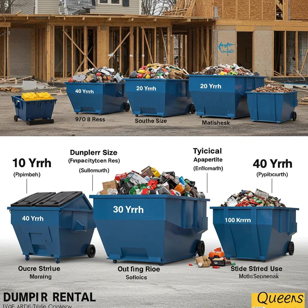 Different dumpster sizes displayed with labels, set against a construction site backdrop, illustrating rental options