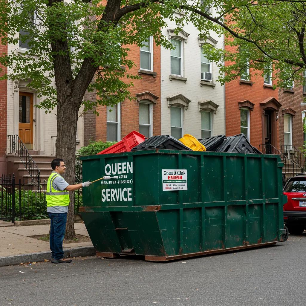 Dumpster rental service in Queens with a friendly worker and a well-maintained dumpster on a residential street