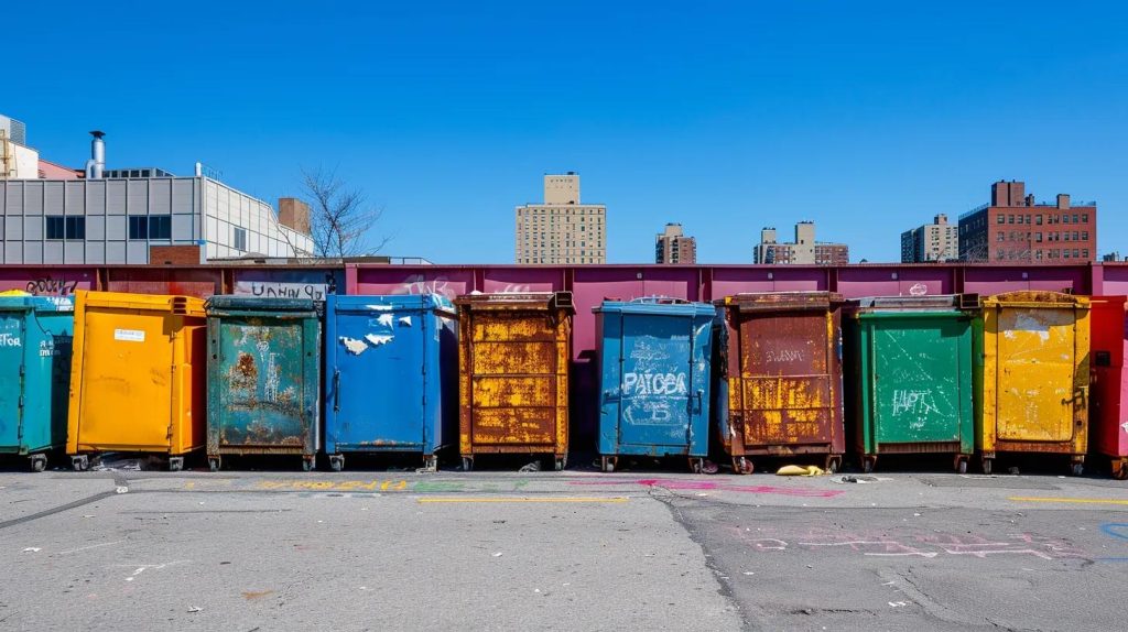 Variety of dumpsters in an urban setting in Queens, highlighting rental options and affordability