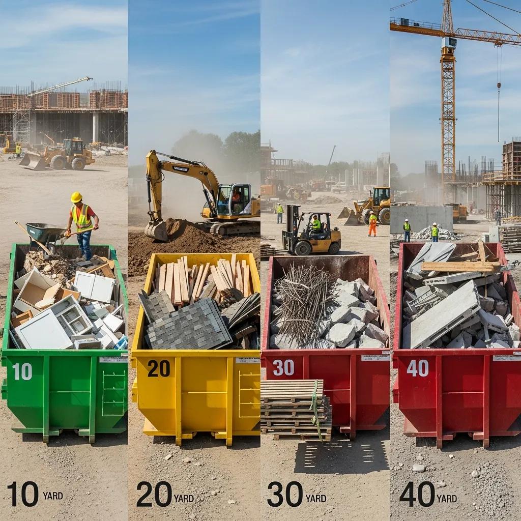 Comparison of dumpster sizes at a construction site, highlighting their capacities and uses