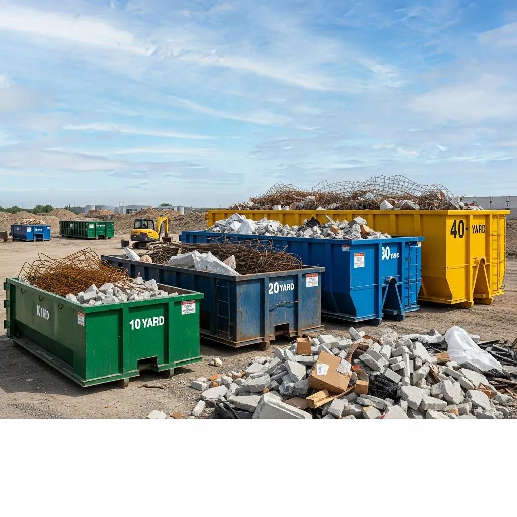 Different sizes of large dumpsters at a construction site, illustrating options for waste management