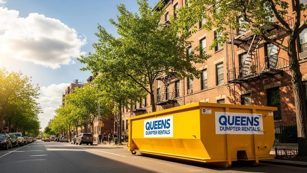 Colorful dumpster rental in a Queens neighborhood on a sunny day