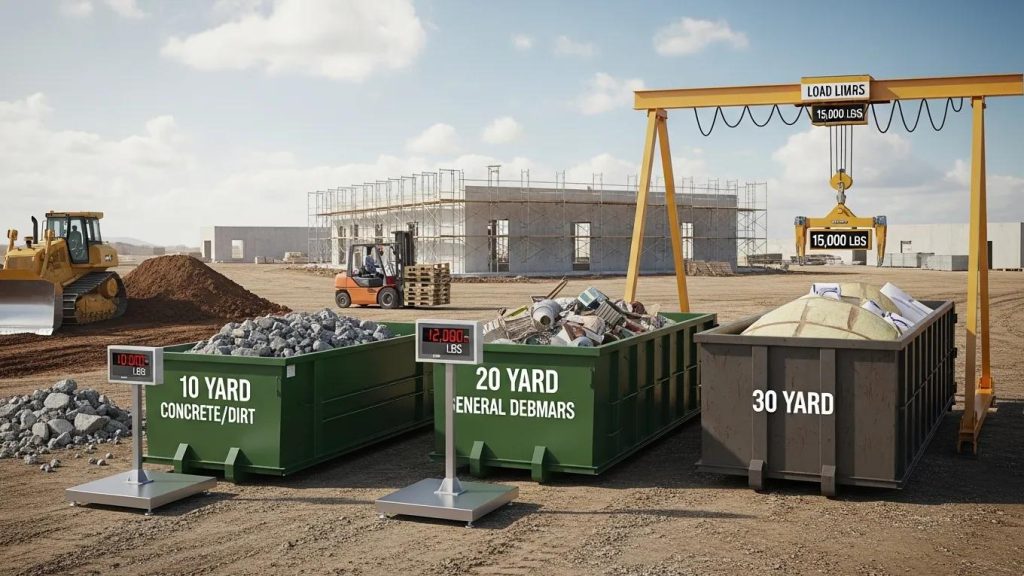 Weight limits of dumpster sizes with visual elements around various dumpsters at a construction site