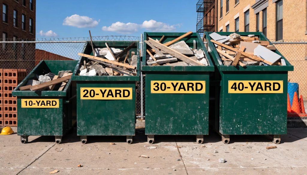 Comparison of available dumpster sizes used in construction projects, displaying various capacities and contexts