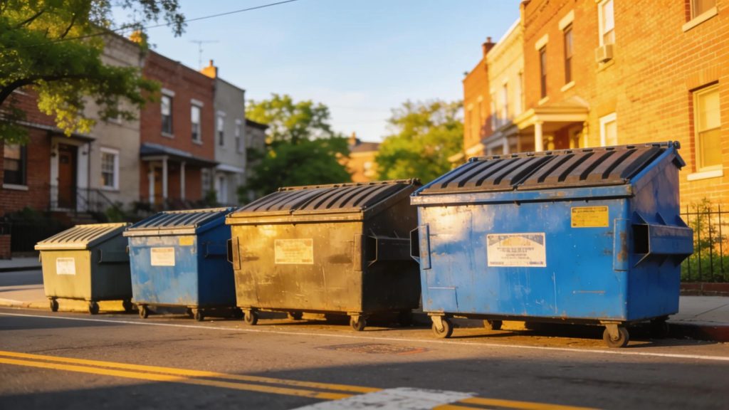 Colorful dumpsters in an urban Queens setting demonstrating various sizes for rental