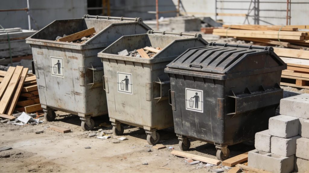 Variety of dumpster sizes displayed at a construction site to illustrate options for waste management