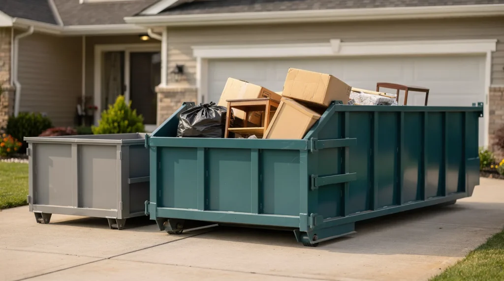 The company matches residential dumpster sizes to jobs like basement, attic, and yard debris cleanouts